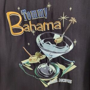 Tommy Bahama Mens Tropical Resort Camp Shirt L Black Silk Martini Bar Graphic